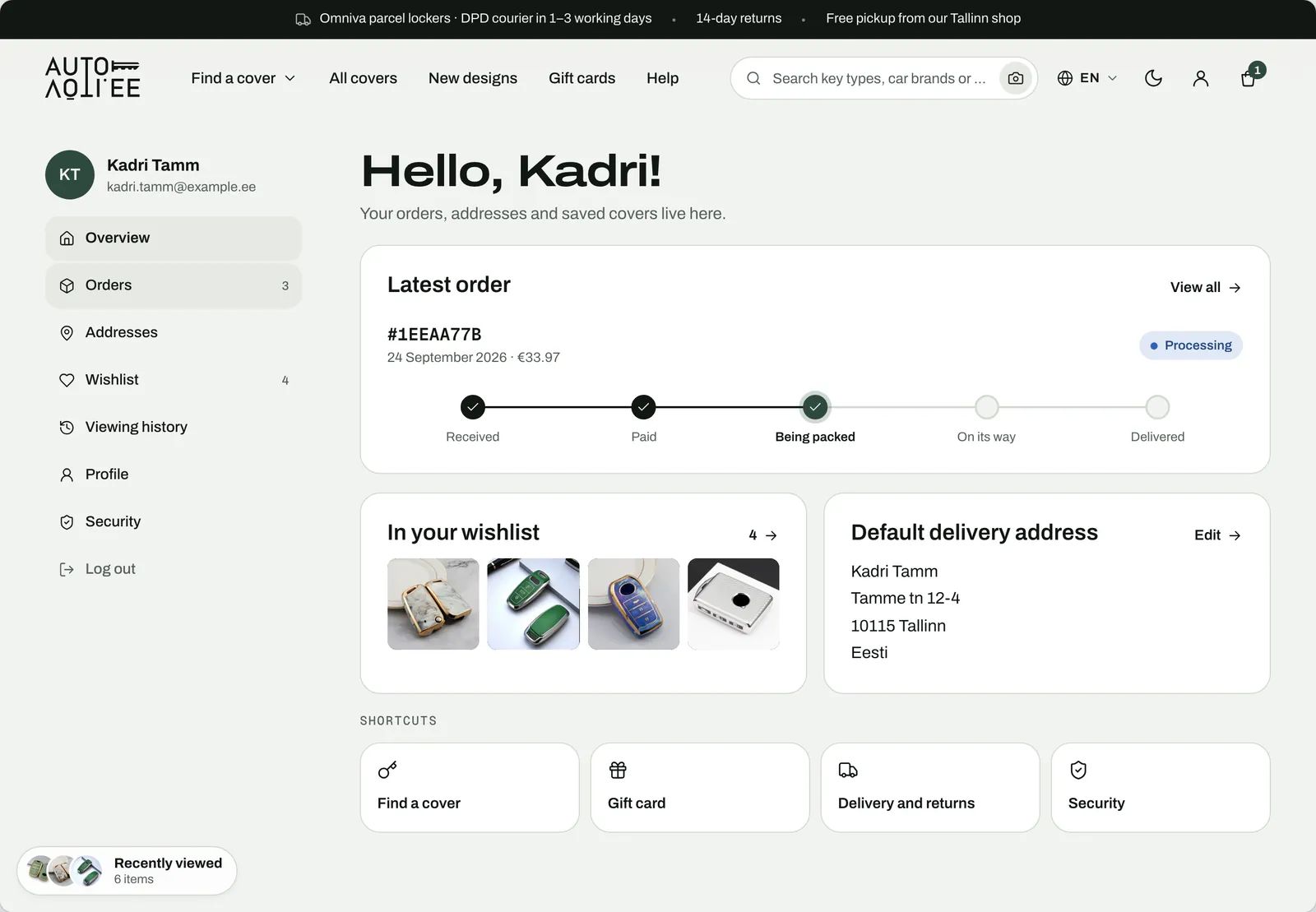 The account area design: the latest order with its delivery timeline, the wishlist and the default address.