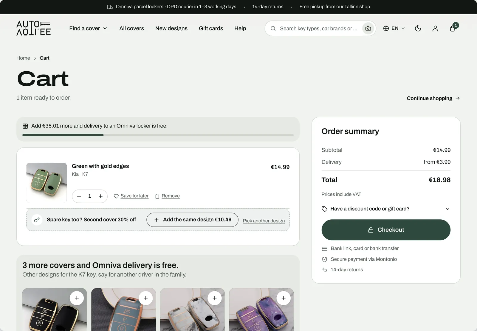 The cart design: a free-delivery progress bar, a spare-key offer, and cross-sells from the same key shape.