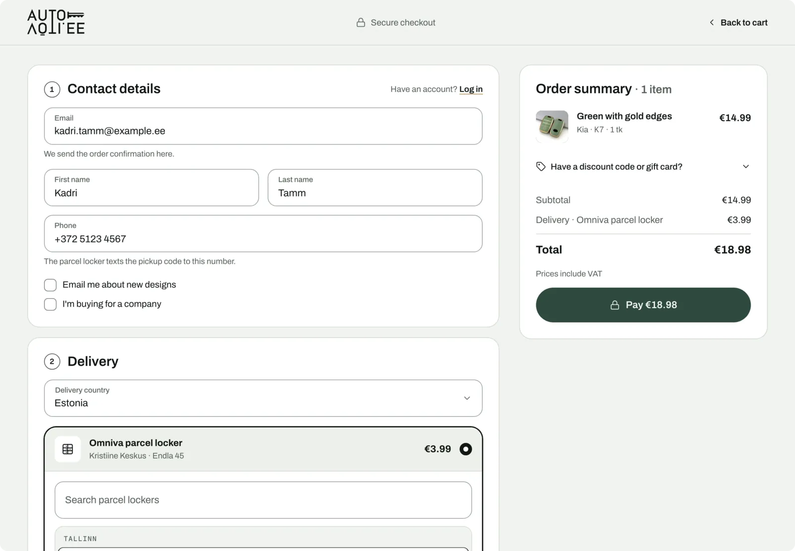 The checkout design: contact, delivery with a searchable Omniva locker picker, and payment, with the summary alongside.