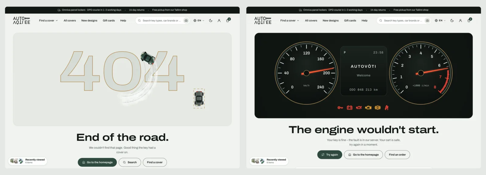 The 404 and 500 page designs: "End of the road" and "The engine wouldn't start".